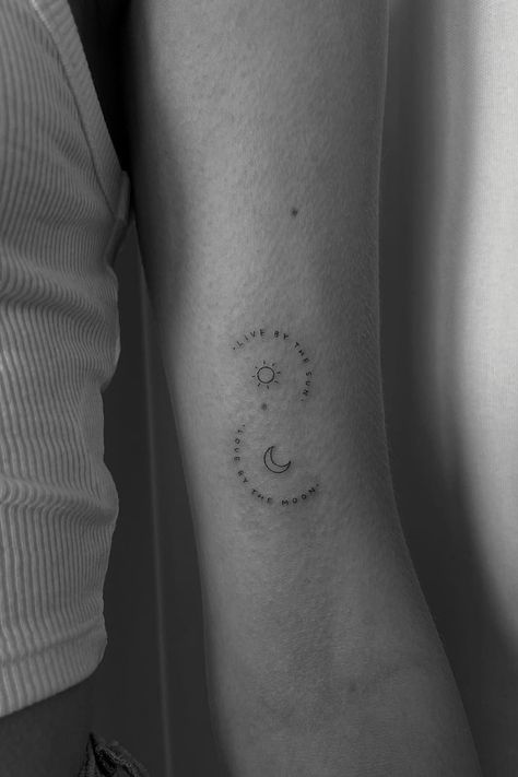 38 Amazing Small Sun and Moon Tattoo Ideas Dainty Sun Moon And Stars Tattoo, Birthday Moon Tattoo, To The Moon And Stars Tattoo, Moon With Date Tattoo, Ankle Tattoo Sun And Moon, Fine Line Moon And Sun Tattoo, Moon And The Stars Tattoo, Sun Moon Fine Line Tattoo, Fine Line Sun Moon Tattoo