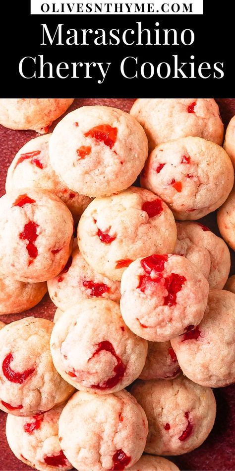 Cherry cookies are soft and buttery shortbread style drop cookies filled with maraschino cherries and sweet almond flavor. These pretty pink maraschino cherry cookies are the perfect quick and easy cherry sugar cookie recipe for any occasion. Cherry Chews Recipe, Cherry Filled Cookies, Marishino Cherry Cookies, Cookies With Cherry On Top, Maraschino Cookies, Marchino Cherry Cookies, Frozen Cherries Recipes, Maraschino Cherry Recipes, Cherry Mash Candy Recipe