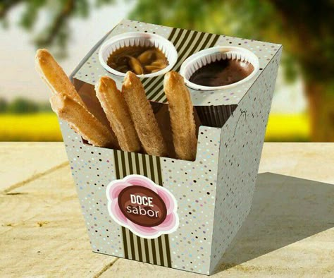 Churros Business, Churros Packaging Ideas, Churros Packaging, Mini Churros, Egg Packaging, Chocolate Dishes, Bbq Grill Design, Ice Cream Brands, Movie Snacks