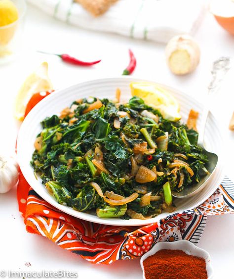 Ethiopian Collard Greens - Immaculate Bites Ethiopian Collard Greens Recipe, Eritrean Food, Ethiopian Dishes, Vegan African Recipes, Ethiopian Recipes, Braised Greens, Ethiopian Cuisine, Recipes Veg, Indian Meals