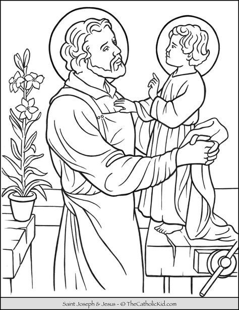 Saint Joseph & Jesus Coloring Page - TheCatholicKid.com Saint Coloring Pages Free Printable, St Joseph Coloring Page, Joseph Coloring Page, St Joseph Pictures, Catholic Coloring Pages, Saint Coloring, Jesus Coloring Pages, Family Coloring Pages, Sunday School Crafts For Kids