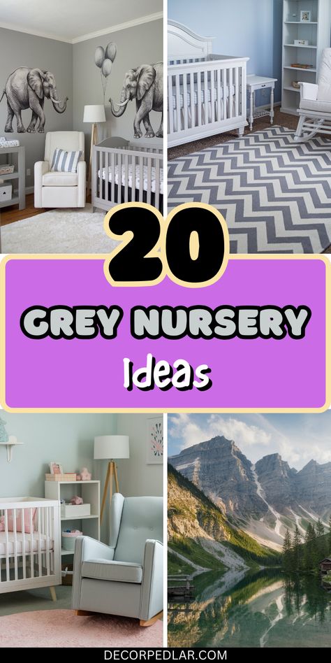 Create a serene and stylish nursery with a minimalist grey color palette. Add a pop of color with a colorful mobile or a vibrant rug. Perfect for a modern and calming baby's room. Green And Grey Nursery, Grey Nursery Ideas, Grey Nursery Furniture, Light Gray Walls, Cloud Shelves, Green Couch Living Room, Colorful Mobile, Polka Dot Curtains, Vibrant Rug