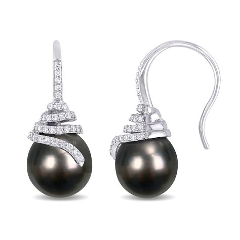 10.0-10.5mm Baroque Black Cultured Tahitian Pearl and 1/3 CT. T.W. Diamond Coil Drop Earrings in 14K White Gold Peoples Jewellers, White Gold Earrings, French Wire, Pearl Types, Women Diamond, Tahitian Pearls, Diamond Drops, Diamond Drop Earrings, Natural Pearls