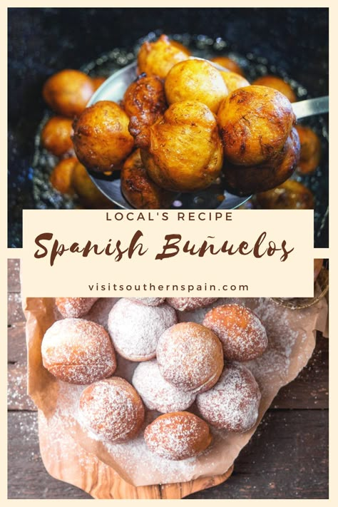 Are you looking for an Authentic Spanish Buñuelos Recipe? Then you must try these Spanish donuts that are easy to make, incredibly delicious, and perfect Spanish treats for Halloween or any other holiday. This authentic Spanish recipe requires few ingredients and minimum of cooking skills, so everyone can do it. The buñuelos de viento are prepared especially for Halloween or Christmas but you can make them whenever you want. #spanishbuñuelosrecipe #buñuelos #spanishdonuts #buñuelosdeviento Columbian Bunuelos Recipe, Spain Recipes Traditional, Spanish Thanksgiving Food, Bunuelos Recipe Easy, Spanish Baking Recipes, Spanish Casserole Recipes, Authentic Spanish Desserts, Spanish Deserts Easy, Food From Spain Authentic