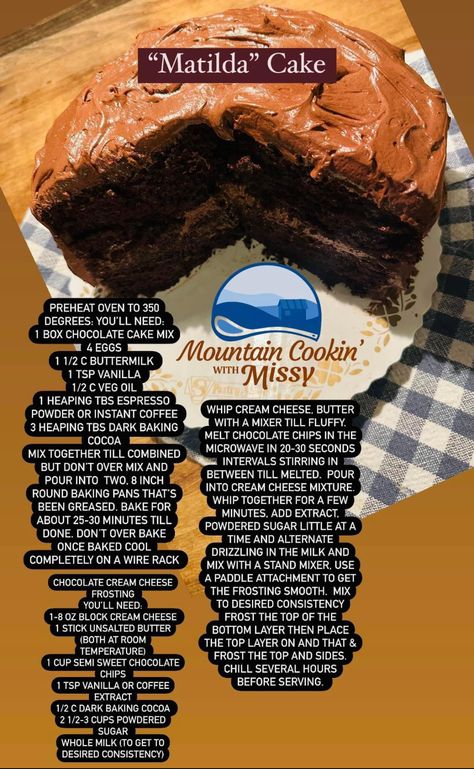 Matilda Cake Recipe, Mountain Cooking With Missy, Matilda Chocolate Cake, Matilda Cake, Chocolate Cake Recipe Moist, Desserts Healthy, Desserts Chocolate, Summer Dessert Recipes, Whipped Cream Cheese