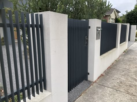 Hamptons Fencing, Grey Fences, Fence Signs, Gate Designs Modern, Fence Gate Design, Modern Fence Design, House Main Gates Design, House Fence Design, Front Fence