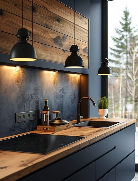 Small Modern Industrial Kitchen, Wooden And Black Kitchen, Dark And Wood Kitchen, Yakisugi Kitchen, Black And Wood Aesthetic, Charcoal And Wood Kitchen, Black Kitchen With Wood, Masculine Kitchen Ideas, Black And Wooden Kitchen