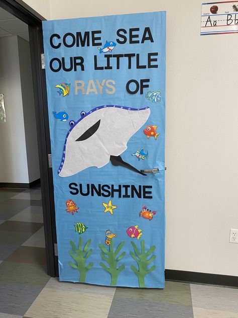 Sea Themed Classroom Door, Beach Classroom Door Ideas, Seahorse Bulletin Board Ideas, Ocean Themed Door Decorations, Sea Door Decorations Classroom, Under The Sea Door Decor, Beach Theme Classroom Decorations, Ocean Classroom Door Ideas, Under The Sea Door Decorations