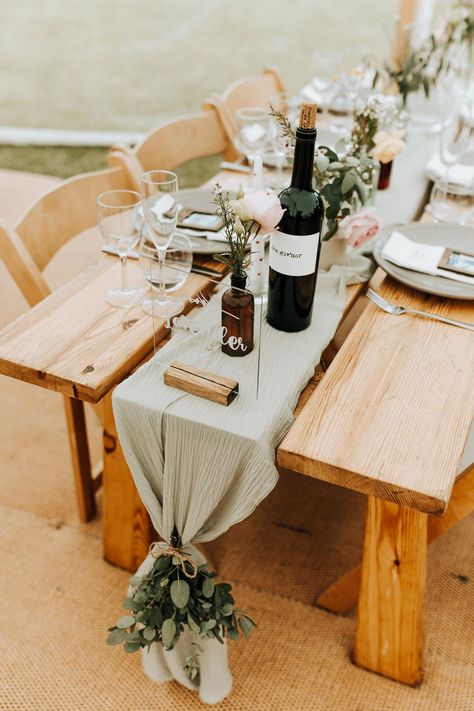 Sage Green Wedding Rustic Table Settings, Sage Green Runner Wedding, Wooden Table Setting Ideas, Table Runner Wooden Table, Wedding Green Table Runner, Marquee Wedding Table Decorations, Table Decor Sage Green, 2023 Wedding Table Decor, Sage Table Runner Wedding