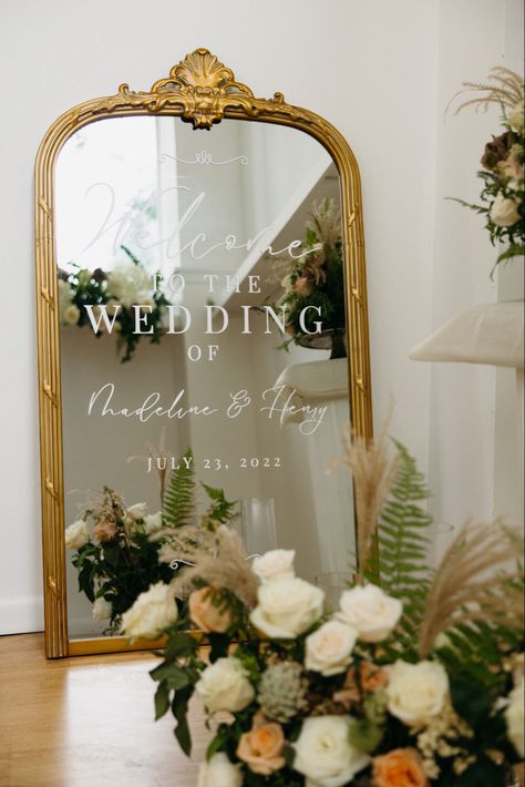 These giant gold mirrors really add that wow factor for your upcoming wedding. Venue// The Loft Scranton @theloft.scranton Photographer// Cassandra Weber Photos @Cassandraweberphotos Floral Design// Eclectic Florals @eclecticflorals Flowers Provided// Everjoy Flower Farm Hair & Makeup// Melissa Brana Beauty @melissabranabeauty Signage// AlexENZ Designs @alexenzdesigns Stationary// The Paper Lab @thepaperlab.co Dress// Kathy’s Bridal @kathysbridalpa Suit// Tuxedo Junction @tuxedojunctionhanovert Wedding Planning Boards, Wedding Mirror, Mirror Decal, Destination Wedding Mexico, Reception Signs, Welcome To Our Wedding, Wooden Wedding, Wedding Welcome Signs, Wedding Welcome