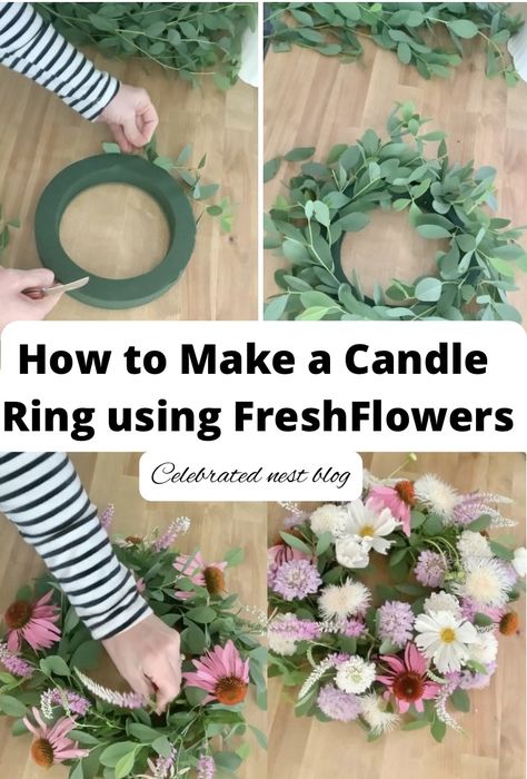 Floral Wreath Wedding Centerpiece, Floral Wreath Table Centerpieces, Diy Flower Ring Centerpiece, Fresh Flower Wreath Diy, Floral Foam Ring Centerpiece, Greenery Ring Centerpiece, Candle Ring Centerpiece, Ring Floral Centerpiece, How To Make Floral Candle Rings