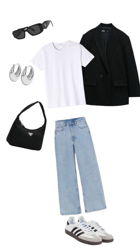 Elevate your everyday look with this timeless ensemble! Pair classic blue jeans with a crisp white tee for a clean base. Throw on a tailored black blazer for that touch of sophistication, and accessorize with sleek silver jewelry for a modern twist. Complete the outfit with a stylish black bag and comfy Adidas Sambas for the perfect blend of casual and chic. Perfect for brunch or a casual day out! 💖👖👟 #OOTD #CasualChic #StyleInspo Black Bag Outfit, Adidas Sambas, Bag Outfit, Black Blazer, Adidas Samba, White Tee, Black Bag, Classic Blue, Jeans Black