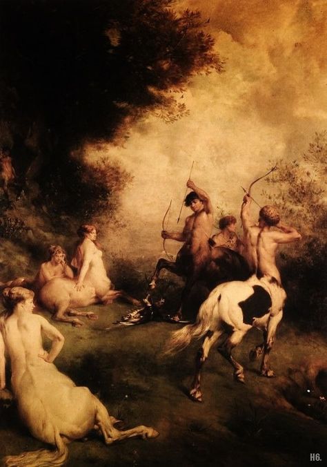 Centaurs and centaurs -  Eugene Fromentin (French. 1820-1876) Types Of Dragons, Mythological Creatures, Realism Art, Fantasy Concept Art, High Fantasy, Ethereal Art, Traditional Paintings, Classical Art, Vintage Artwork