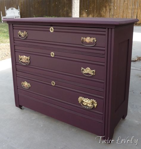 Dark plum colored dresser....yes please. To match my purple tones bedroom. Plum Bedroom, Purple Dresser, Plum Paint, Purple Furniture, Colorful Dresser, Painted Dresser, Refurbished Furniture, Redo Furniture, Furniture Inspiration