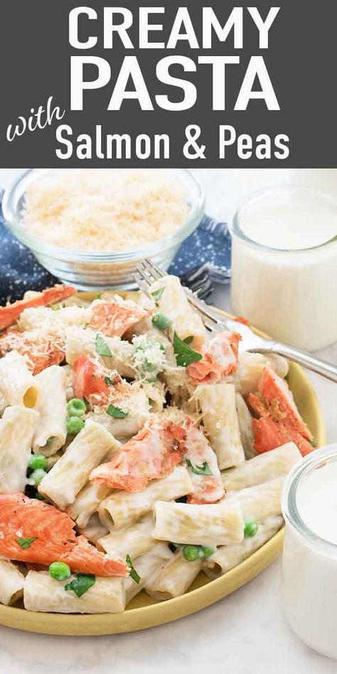 Creamy Pasta with Salmon and Peas! Check out this creamy, saucy pasta with tender salmon and vibrant peas! It's easy to throw together on a weeknight, packed with protein, and sure to become a new family favorite. #sponsored #milk #dinner #salmon #pasta #simplyrecipes Salmon And Peas, Saucy Pasta, Pasta With Salmon, Pea Pasta, Dinner Salmon, Peas Recipe, Salmon Pasta, Pea Recipes, Creamy Pasta