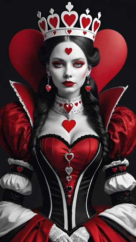 Dark Queen Of Hearts Costume, Queen Of Cards Costume, Gothic Queen Of Hearts, Red Queen Aesthetic, Queen Of Hearts Aesthetic, Gothic Disney Princesses, King And Queen Tattoo, 3 Hearts Tattoo, Queen Of Hearts Tattoo