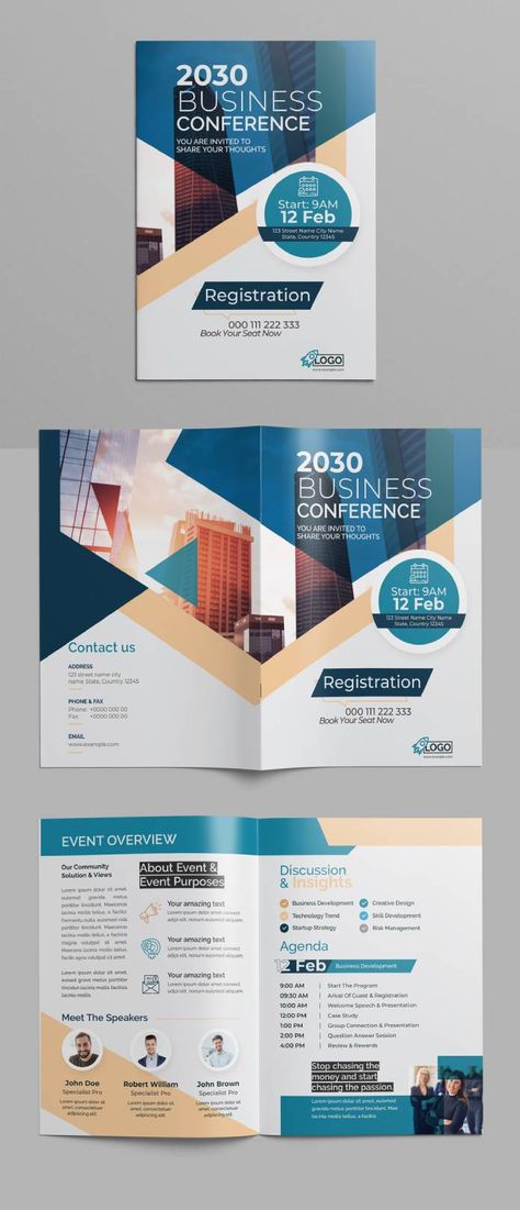 Conference Bi-fold Brochure Template for Adobe Illustrator Conference Brochure, Bifold Brochure Design, Adobe Illustrator Templates, Pamphlet Template, Illustrator Template, Bi Fold Brochure, Fold Brochure, Professional Graphic Design, Event Logo