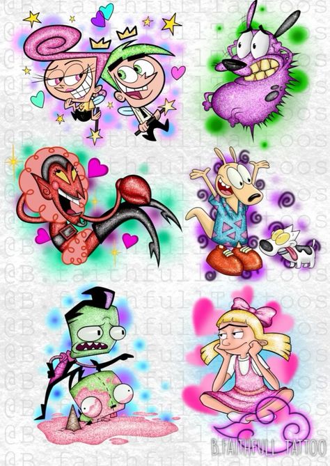 Cartoon Finger Tattoo, 2000s Theme Tattoo, Scary Cartoon Tattoos, Fairly Odd Parents Tattoo, Classic Cartoon Tattoos, Colorful Flash Tattoo, 90s Cartoon Flash Tattoo, 90s Inspired Tattoos, Neopets Tattoos