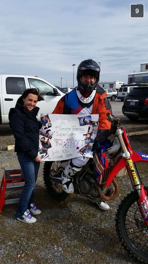 Motorcycle Promposal, Dirt Bike Promposal, Dirtbike Prom Proposal, Dirt Bike Hoco Proposal, Prom Proposal Ideas, Lacrosse Funny, Creative Prom Proposal Ideas, Lacrosse Workouts, Country Prom