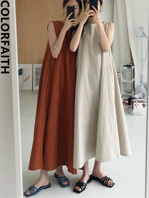 Smarter Shopping, Better Living! Aliexpress.com Long Skirt Casual, A Line Long Dress, Linen Midi Dress, Round Neck Dresses, Loose Dress, Evening Attire, Retro Stil, Glamorous Evening Gowns, Tulum