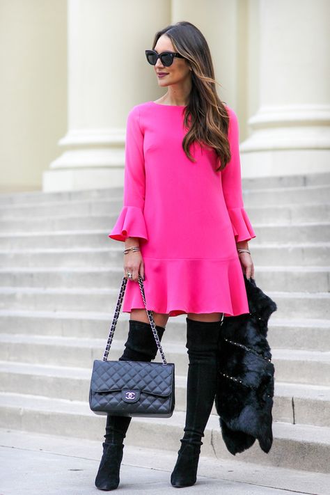 Hot Pink Dress with Bell Sleeves Pink Dress Outfit Casual, Hot Pink Dress Outfit, Dress Pink Outfit, Dress With Black Boots, Hot Pink Outfit, Pink Dress Outfits, Trendy Dresses Summer, Fuschia Dress, Winter Dress Outfits