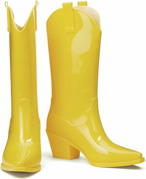 TINSTREE | Cowgirl Yellow Waterproof Knee High Rubber Rain Boots Yellow Boots, Rubber Boots, Rubber Rain Boots, Rain Boots, Knee High, Vinyl, Boots, Yellow