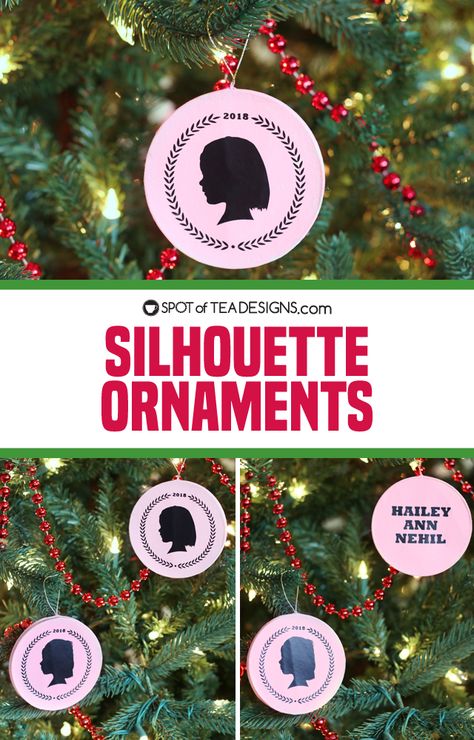 silhouette ornaments using cricut iron on vinyl | spotofteadesigns.com Silhouette Ornaments Diy, Silhouette Christmas Ornaments, Cricut Iron On Vinyl, Silhouette Ornaments, Kids Silhouette, Paper Christmas Ornaments, Clear Ornaments, Silhouette Christmas, Tea Design