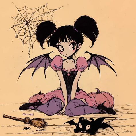 Pink Halloween Drawing, Witch Movie Characters, Kawaii Halloween Pfp, Pink Halloween Pfp, Kawaii Goth Pfp, Halloween Pfp Cute, Cute Goth Art, Cute Creepy Aesthetic, Goth Cartoon Characters