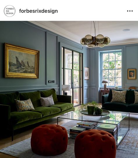 Sage And Blue Color Palette Living Room, Light Teal Living Room, Green Couch Blue Walls, Green Monochromatic Room, Blue Color Palette Living Room, Teal Grey Living Room, Green And Blue Living Room, Living Room Designs Eclectic, Blue Green Living Room