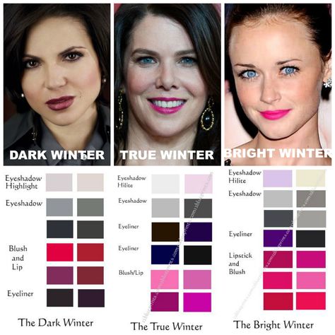 Winter Makeup Comparisons: Dark Winter; True Winter; Bright Winter. Notice how the True Winter in the middle has noticeably cool, pink undertones compared to the others who are neutral/cool. Makeup swatches courtesy via 12blueprints.com Cool Winter Blush Colors, Make Up For Cool Winter, Deep Winter Color Palette Pink, Deep Winter Pink Palette, Deep Winter Blush Color, Deep Winter Neutral Colors, True Winter Vs Bright Winter, True Winter Blush, Bright Winter Colour Palette