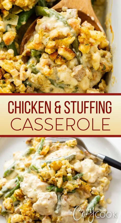 chicken and stuffing casserole with green beans, served in a casserole dish. Stuffing And Chicken, Cottagecore Cooking, Casserole Dinners, Stove Top Stuffing, Chicken Smothered, Chicken Stuffing Casserole, Chicken And Stuffing, Cozy Cook, Chicken Casseroles