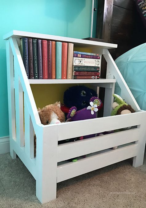 DIY Nightstand Toy Bin Bookshelf Diy Toy Box With Book Shelf, Toy Chest Diy, Diy Toy Box Ideas, Girls Bookshelf, Bookshelf Nightstand, Diy Toy Storage, Toy Bin, Diy Nightstand, Kids Nightstand