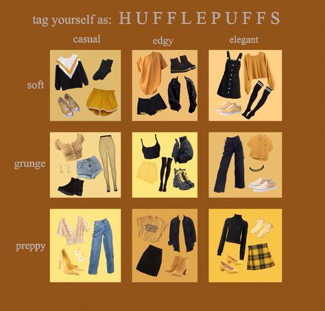 Hogwarts Fashion Inspired Outfits, Hogwarts Houses Inspired Outfits, Harry Potter Clothes Hufflepuff, Hogwarts House Inspired Outfits, Harry Potter House Outfits Hufflepuff, Hogwarts Aesthetic Outfits Hufflepuff, Wizarding World Aesthetic Outfits, Modern Hufflepuff Outfits, Hogwarts Fashion Aesthetic