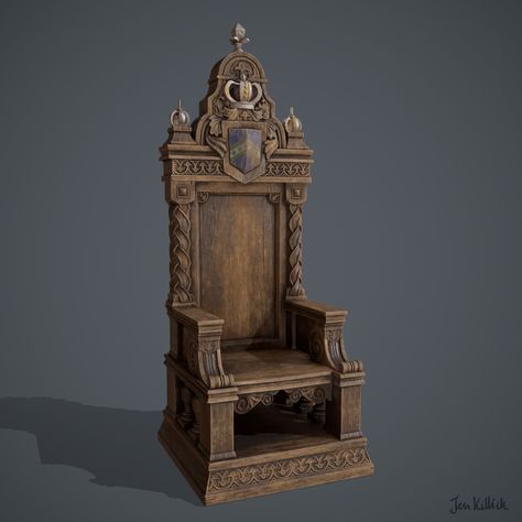 ArtStation - Noblemans' chair , Jen Killick Fantasy Throne Chair Art, Stone Throne Concept Art, Throne Reference, Dwarven House, Medieval Buildings, Antique Oak Furniture, King Chair, Medieval Furniture, Fantasy Furniture