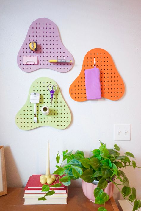 Bright Color Office Decor, Funky Home Office Decor, Peg Board Classroom Ideas, Funky Office Space, Wood Cutout Art, Peg Board Tools, Retro Home Aesthetic, Funky Office Design, Peg Board Organization