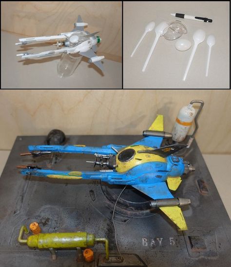 Made from spoons, ball pens and so on, mostly junk and plastic bits #upcycling Spaceship Model, Jhin League Of Legends, Recycled Toys, Hirst Arts, Miniature Photography, Starship Design, Sci Fi Models, Spaceship Art, Spaceship Design