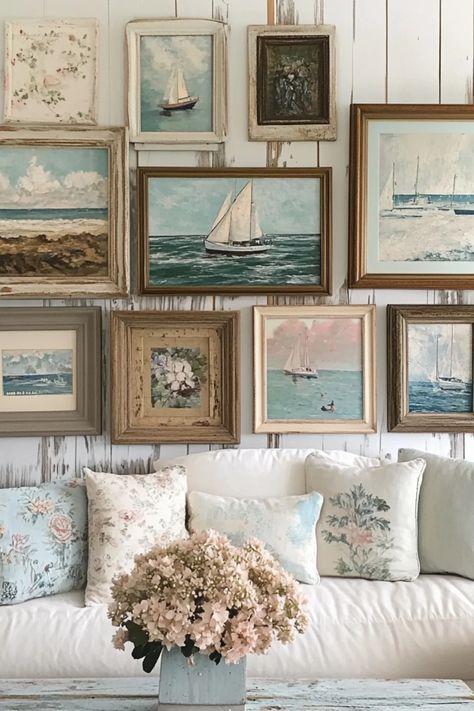 This pin showcases creative vintage coastal gallery wall ideas featuring beach-themed artwork and frames perfect for a home makeover. It utilizes 1 image that inspires a beachy and relaxing decor style. Gallery Wall Lake House, Coastal Kitchen Wall Decor Ideas, Framed Art Collage Wall Ideas, Vintage Beach Artwork, Beachy Grandma Aesthetic, Vintage Beach House Interior, Beachy Coastal Living Room Ideas, Vintage Coastal Home, East Coast Decor