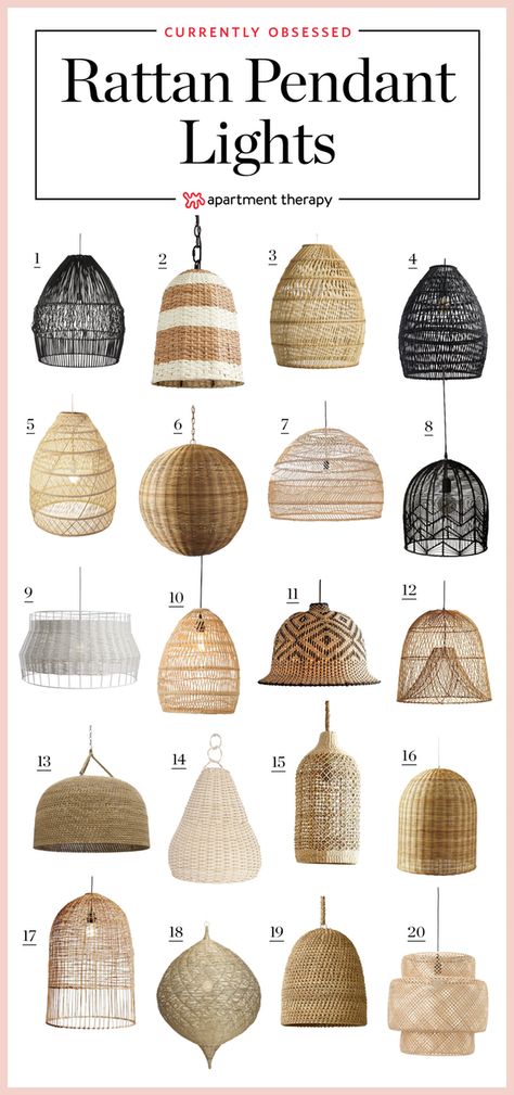 Rattan pendants are essentially upside down baskets (without handles) with a light in them, and we love them the same anyway. They add undeniable character due to their texture and handmade quality to a home. We love them in pairs over a kitchen island, on their own as a statement chandelier in a bedroom or living room. They give every space a boho aesthetic that is cool and chic. Kattokruunu Diy, Rattan Lampe, Kitchen Lighting Over Table, Rattan Pendant Lights, Wicker Pendant Light, Trendy Apartment, Statement Chandeliers, 카페 인테리어 디자인, Rattan Pendant