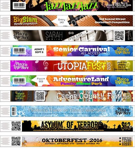 Custom Tyvek Wristbands | Reminderband Canva Pubmats, Lanyard Template, Pubmats Ideas, Tickets Design, Festival Wristbands, Wristbands Festival, Bts Tickets, Identity Card Design, Party Wristbands