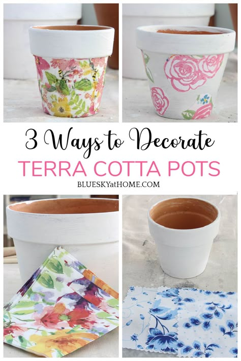 Plant Pot Decoupage, Decoupage Planters, Terra Cotta Crafts, Tissue Paper Flower Pot, Decorate Terracotta Pots Ideas, How To Decoupage Flower Pots, Decorated Flower Pots Diy, Decoupaging With Fabric, Napkins And Modpodge