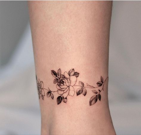 Floral Ankle Cuff Tattoo, Ankle Cuff Tattoo, Wrap Around Ankle Tattoos, Cuff Tattoo, Flower Boquet, Flower Wrist Tattoos, Ankle Tattoos, Anklet Tattoos, Ankle Tattoo