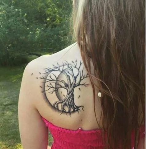 Geometric Mountain Tattoo, Pagan Tattoo, Cool Shoulder Tattoos, Tree Tattoo Designs, Moon Tattoo Designs, Watercolor Tattoos, Back Of Shoulder Tattoo, Traditional Ink, Tree Of Life Tattoo