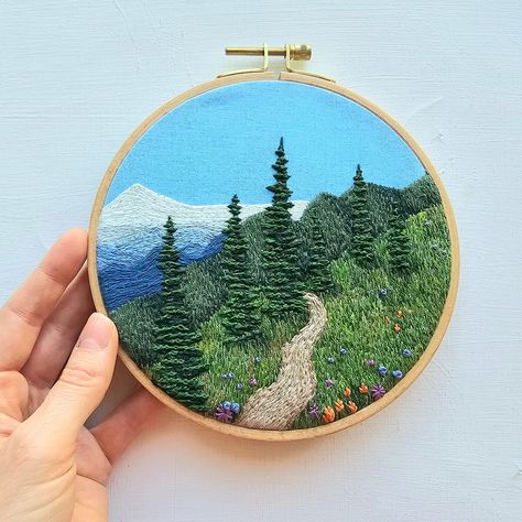 West Virginia Embroidery, National Parks Embroidery, Boho Embroidery Patterns Bohemian, Embroidered Mountain Scene, Desert Landscape Embroidery, Mountain Scene Embroidery, Embroidery Designs Mountains, Kansas Embroidery, Embroidery Landscape Easy