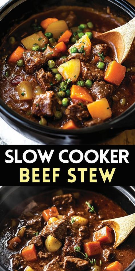 Slow Cooker Beef Stew Ingredients: 2 lbs beef chuck, cut into 1-inch cubes 1/4 cup all-purpose flour 1/2 tsp salt 1/4 tsp black pepper 1/2 tsp paprika 1 tbsp olive oil 1 onion, chopped 3 garlic cloves, minced 4 carrots, sliced 3 potatoes, diced 2 cups beef broth 1 cup red wine (optional) 1 tbsp tomato paste 1 bay leaf 1 tsp Worcestershire sauce 2 tsp fresh thyme, chopped (or 1 tsp dried thyme) 1 cup peas (frozen or fresh) #beefstew #easyrecipes #camilarecipes Beef And Ale Stew Slow Cooker, Easy Crockpot Recipes Beef, Crockpot Stew Recipes, Beef Stew Crock Pot Recipes, Stew Beef Recipes, Beef Chuck Recipes, Cubed Beef Recipes, Quick Soups, Beef And Ale Stew