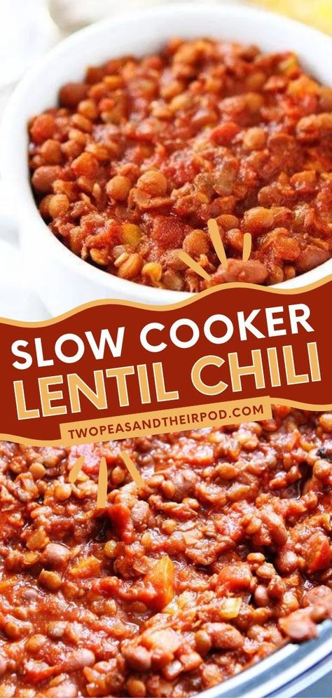 Want a healthy slow cooker recipe or crockpot meal? This Slow Cooker Lentil Chili is a meatless chili recipe that's ready in just 10 minutes! This easy comfort food recipe for dinner is also vegan and gluten-free! Save this pin! Lentil Chili Recipe Crockpot, Slow Cooker Lentil Chili, Easy Lentil Chili Recipe, Crockpot Lentil Chili, Crockpot Lentil Recipes, Lentil Chili Crockpot, Slow Cooker Lentil Recipes, Lentil Soup Recipe Crockpot, Lentil Crockpot Recipes