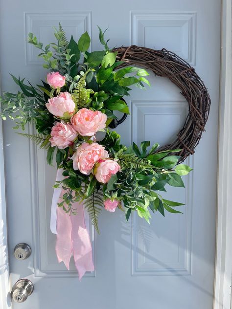 Wreath With Bow, Floral Door Wreaths, Spring Summer Wreath, Peony Wreath, Peonies Wreath, Magnolia Leaves, Spring Wreaths, Greenery Wreath, Seasonal Wreaths