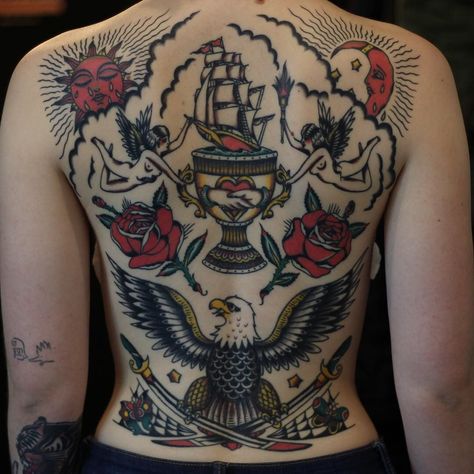 Back Tattoo Traditional Full, Tradional Back Tattoo, Traditional Tiger Back Piece Tattoo, American Traditional Scale Tattoo, American Traditional Full Back Tattoo, American Traditional Back Tattoo Men, Neo Traditional Hip Tattoo, British Traditional Tattoo, Neo Trad Back Piece