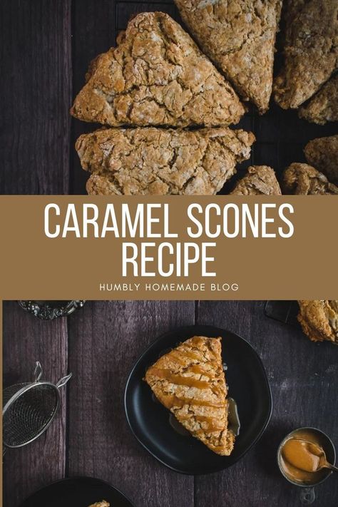 Golden brown scones on a wooded table Caramel Scones, Moist Scones, Sweet Scones, Miso Caramel, Cheesy Breadsticks, Baking Recipe, Sourdough Bread Recipe, Homemade Caramel, Scone Recipe