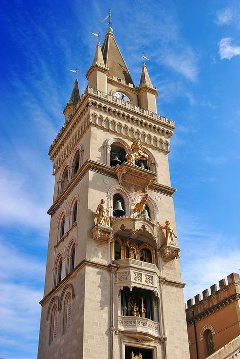 Bell Tower and Astronomical Clock - Messina, Sicily, Italy. The bell tower holds one of the largest astronomical clocks in the world, built in 1933 by the Ungerer Company of Strasbourg. The belfry's mechanically-animated statues, which illustrate events from the civil and religious history of the city every day at noon, are a popular tourist attraction. Messina Sicily, Astronomical Clock, Visiting Italy, Italian Pride, Aeolian Islands, World Street, Best Of Italy, Sorrento Italy, Bell Tower