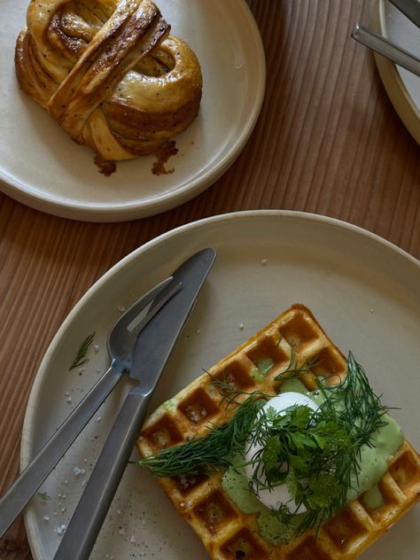 Breakfast from apotek 57 in copenhagen, savory waffles, cardamom bun, coffee, matcha Apotek 57 Copenhagen, Soul Food, Copenhagen, Denmark, Waffles, Vision Board, Cafe, Quick Saves